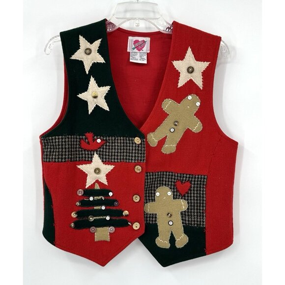 vintage CHRISTMAS HOLIDAY VEST crafty arts crafts tree stars gingerbread S M - Picture 1 of 7